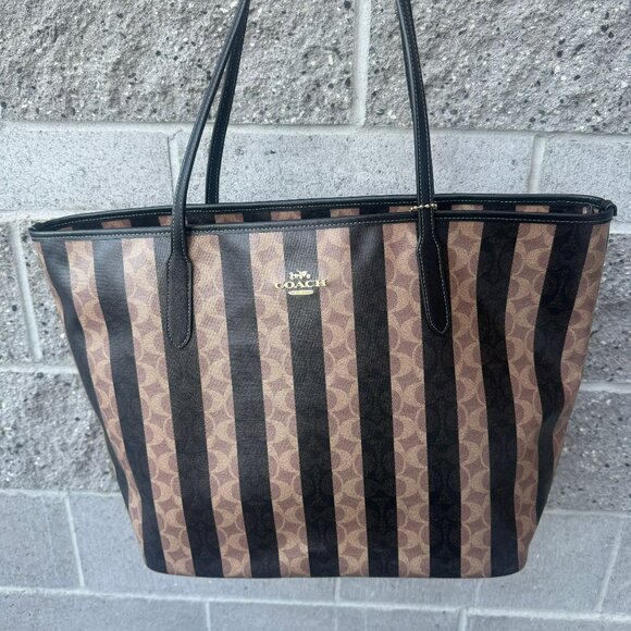 coach Large City Tote Bag In Signature Canvas With Stripe cbi03 - Picture 1 of 8